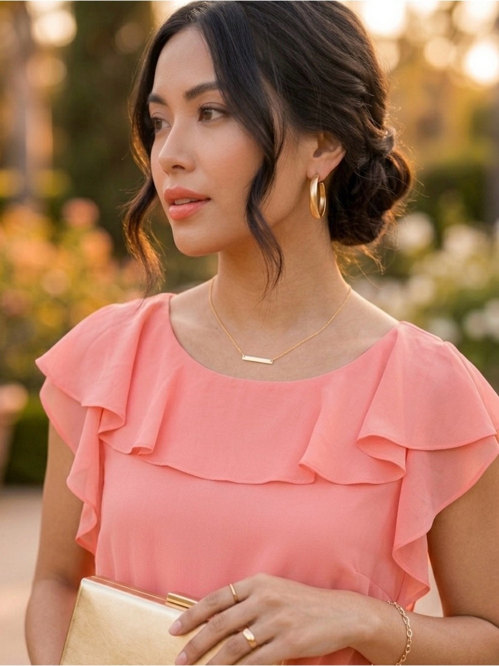 NWT H&M Ruffle-Sleeve Chiffon Mini Dress in Coral Pink - Picture 2 of 10